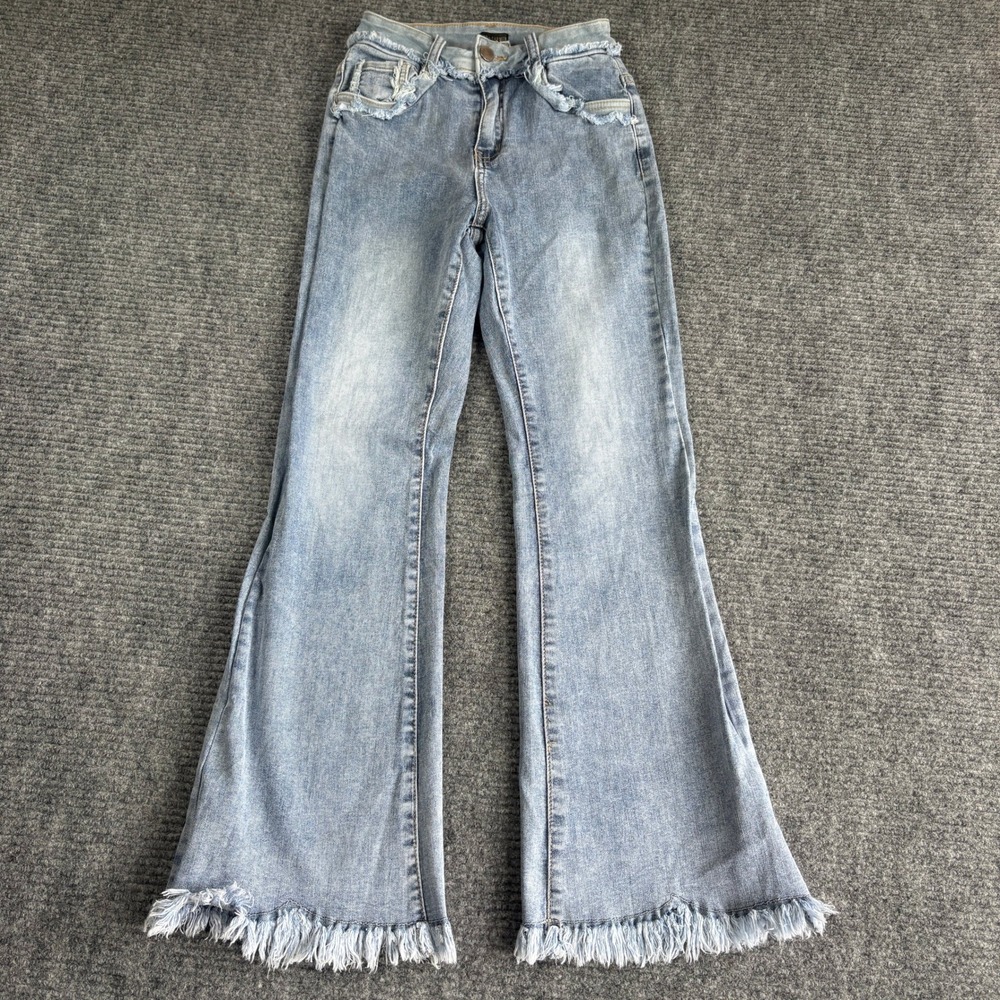 Coco + Carmen Girls Light Wash Frayed Flare Bell Bottom Jeans Size S Distressed